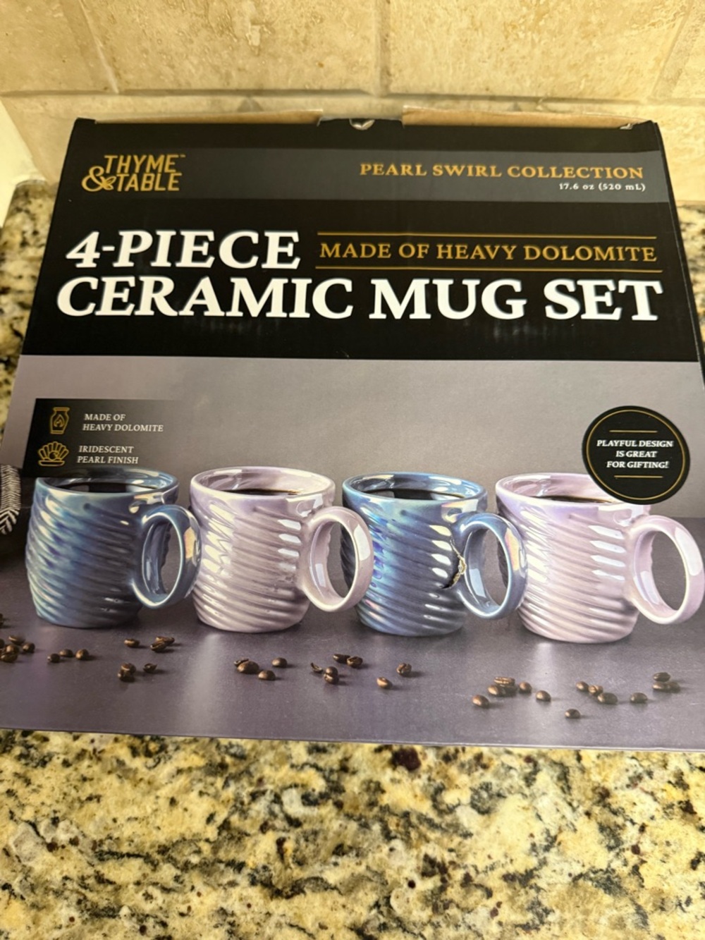 Pearl Swirl 4-Piece Ceramic Mug Set - Iridescent Blue & Lavender